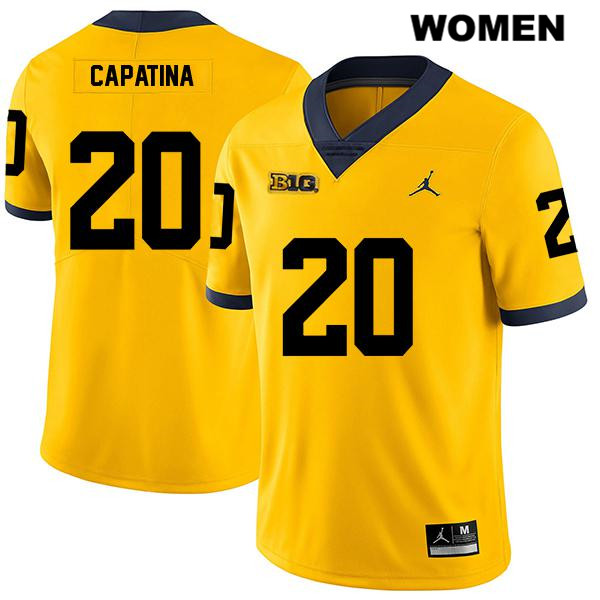 Women's NCAA Michigan Wolverines Nicholas Capatina #20 Yellow Jordan Brand Authentic Stitched Legend Football College Jersey CB25A24EX